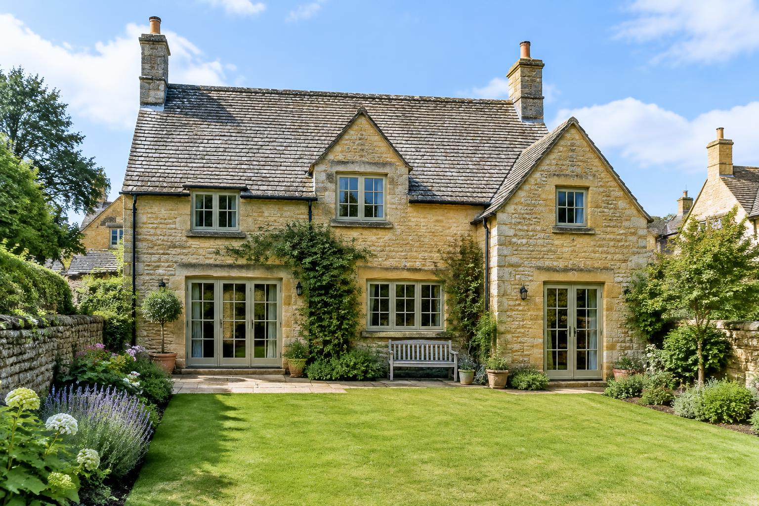 Cotswold stone cottage with a pitched roof and garden doors