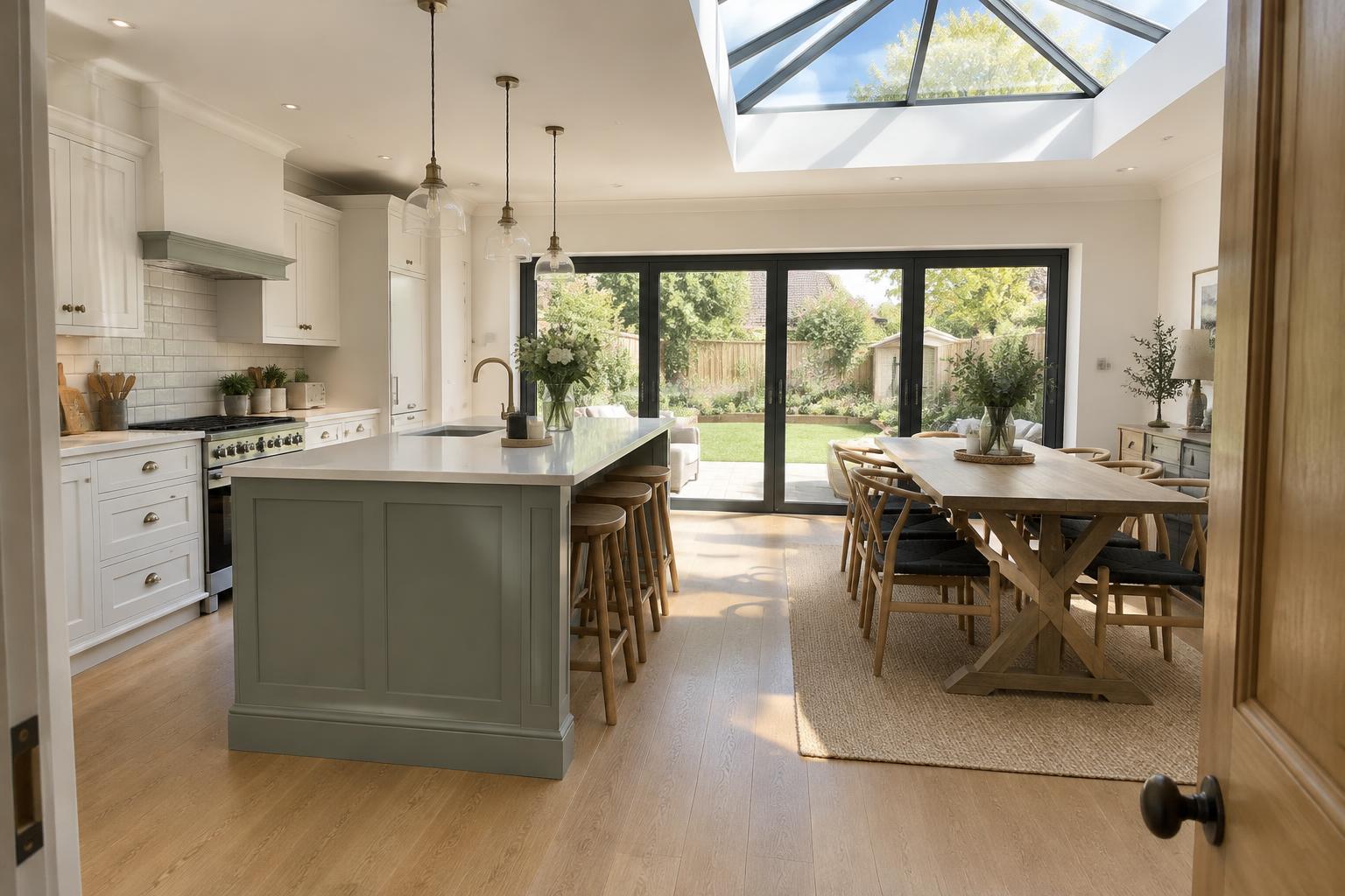 Open-plan kitchen-diner with garden bifold doors and roof lantern