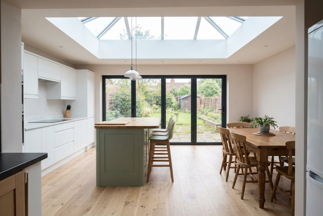Kitchen-diner transformation inspiration: bifold doors and roof lantern